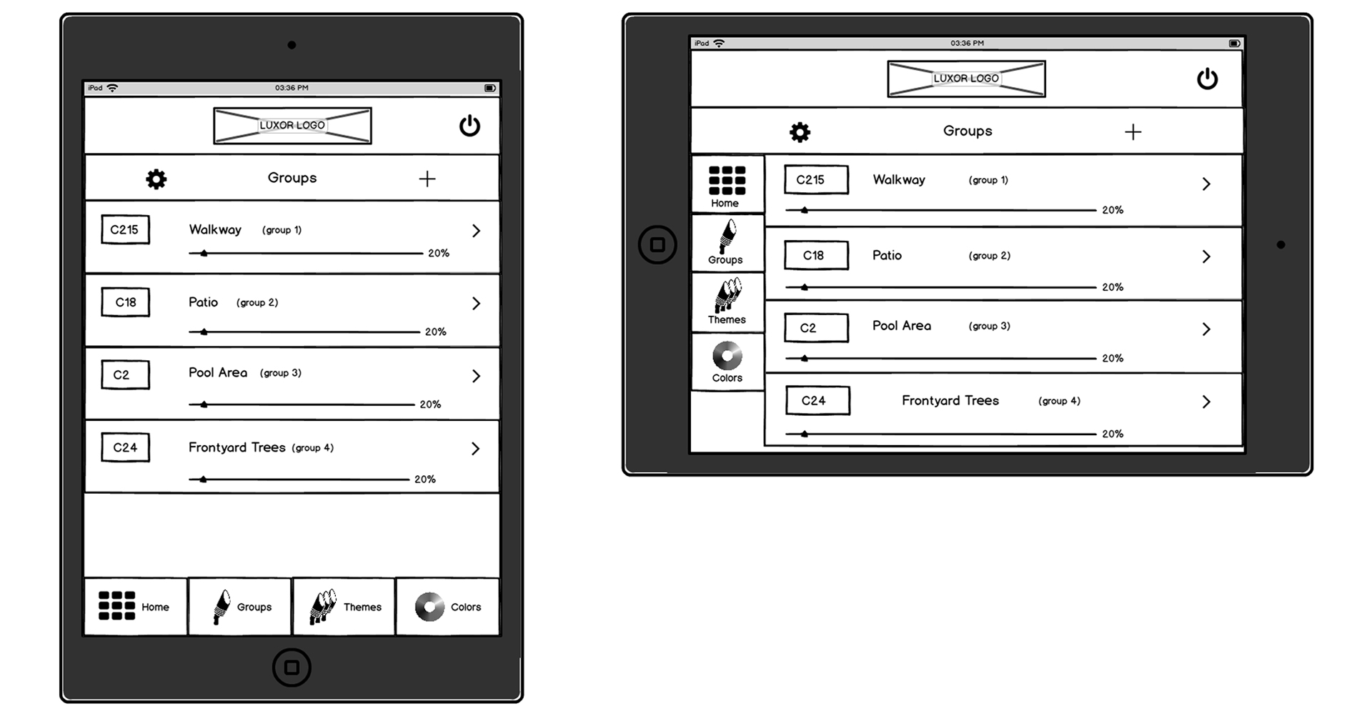 App subpage menu layout tablet screen wireframes image