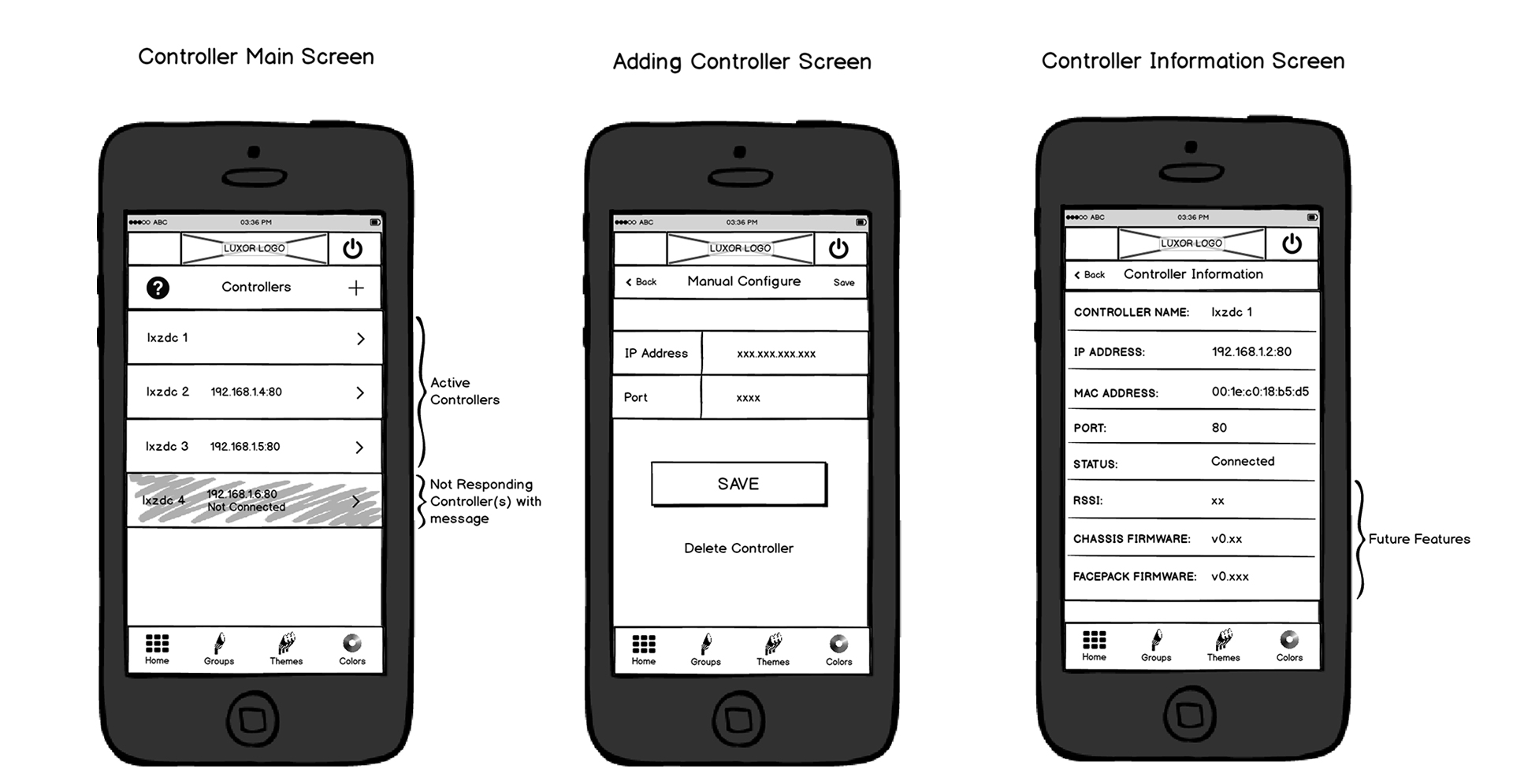 App controller screen wireframes image