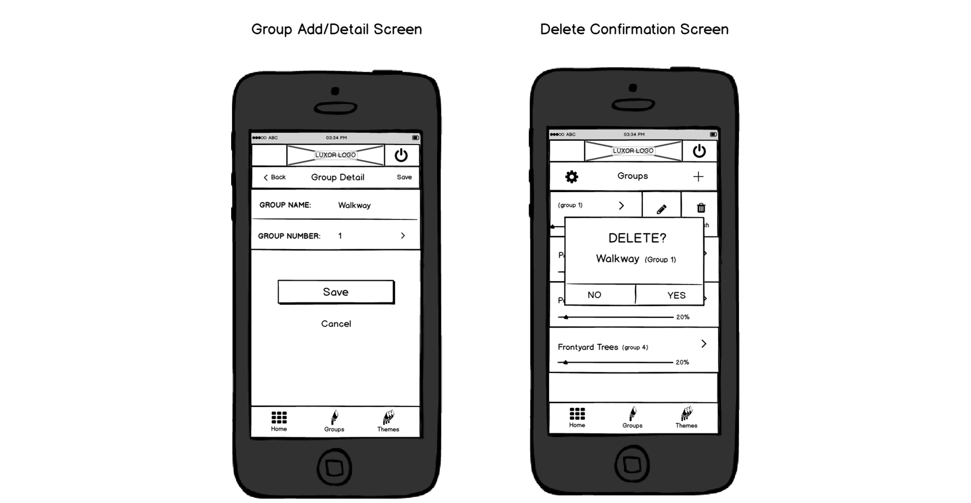 ZD app group add and detail plus overlay screen wireframes image