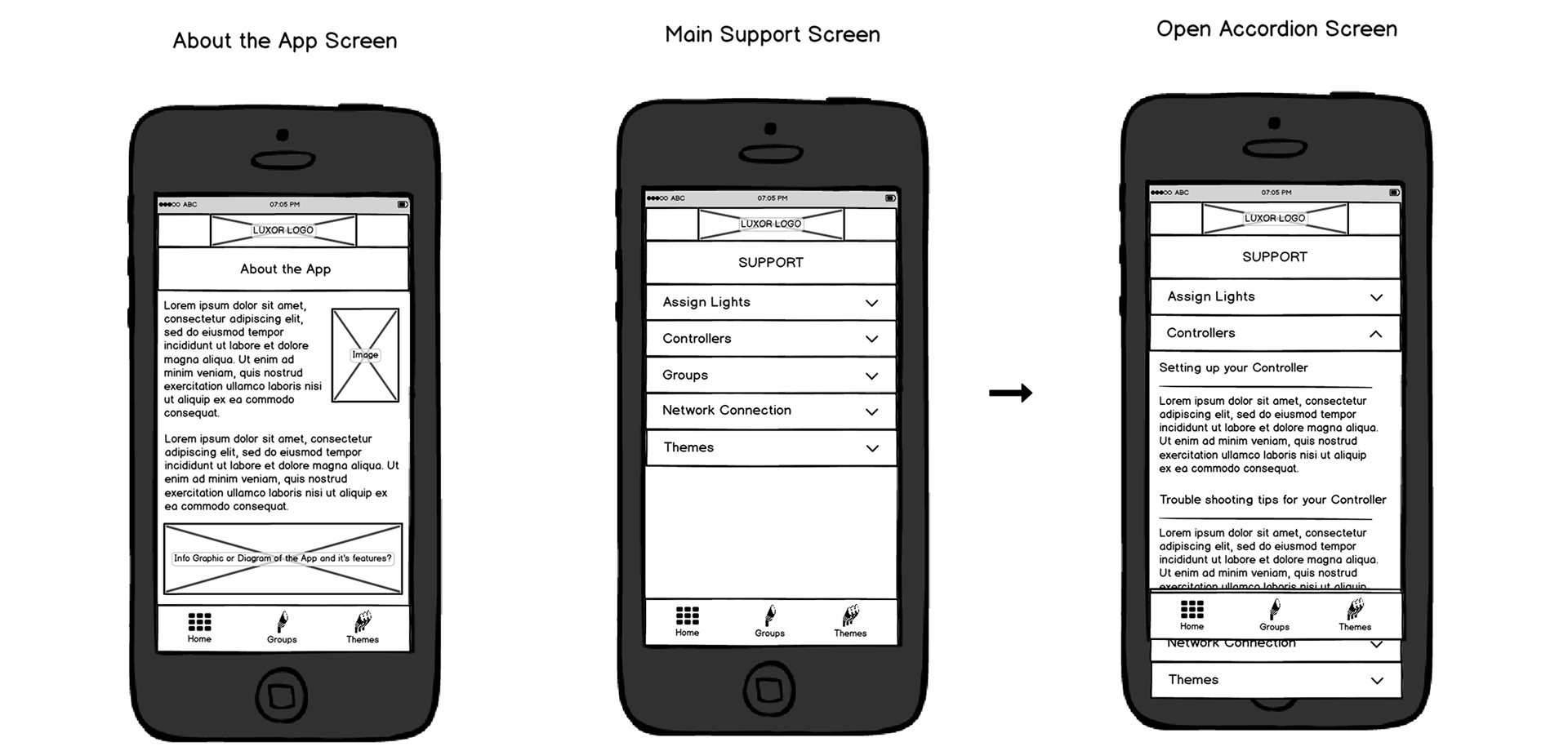 ZD app about and support screen wireframes image